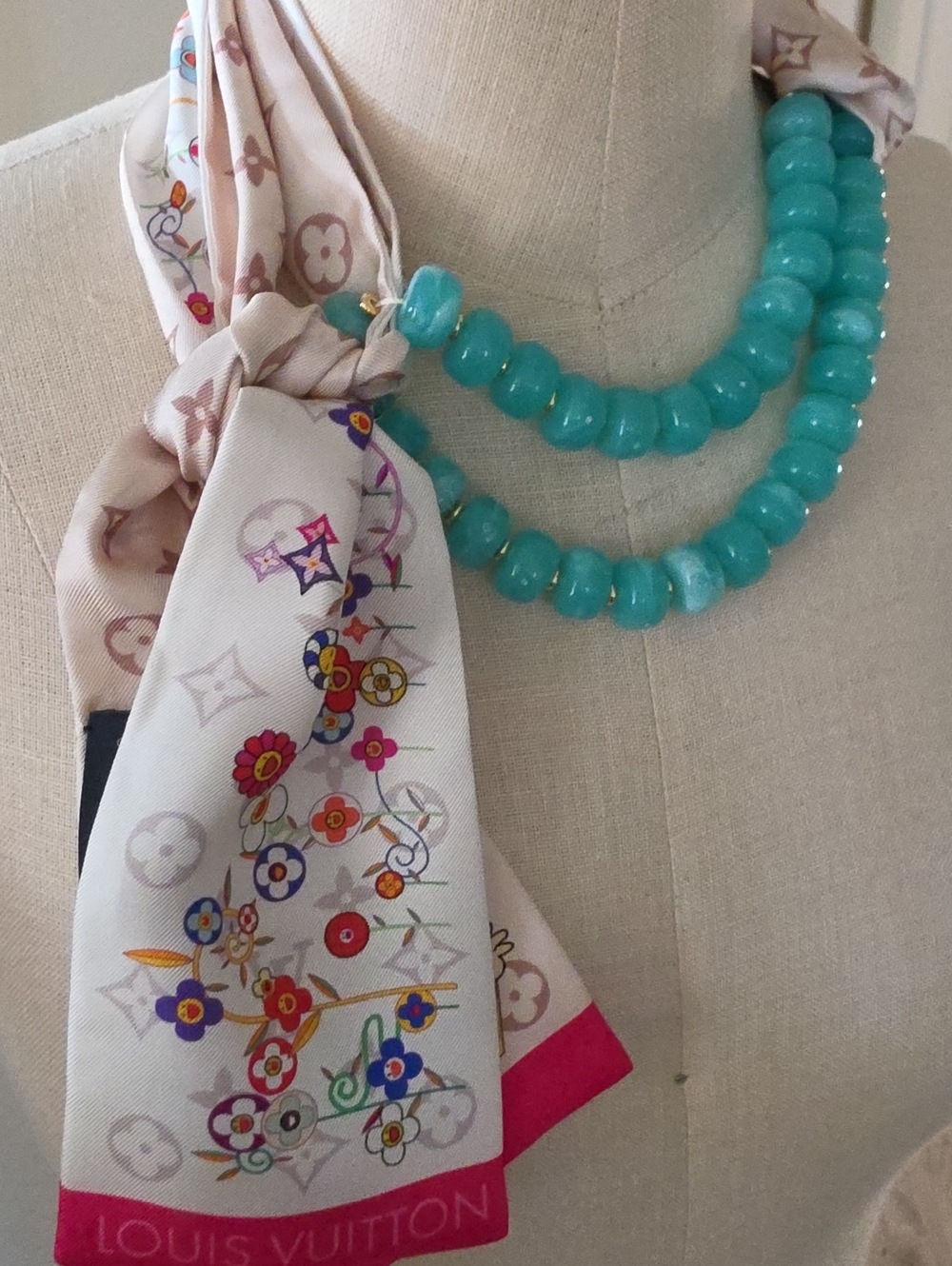 Turquoise Beaded Necklace with LV Floral Monogram Silk Scarf